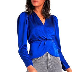 *NEW WITH TAGS* Cobalt Blue Satin Faux-Wrap Peplum Blouse by Express - Size XXS